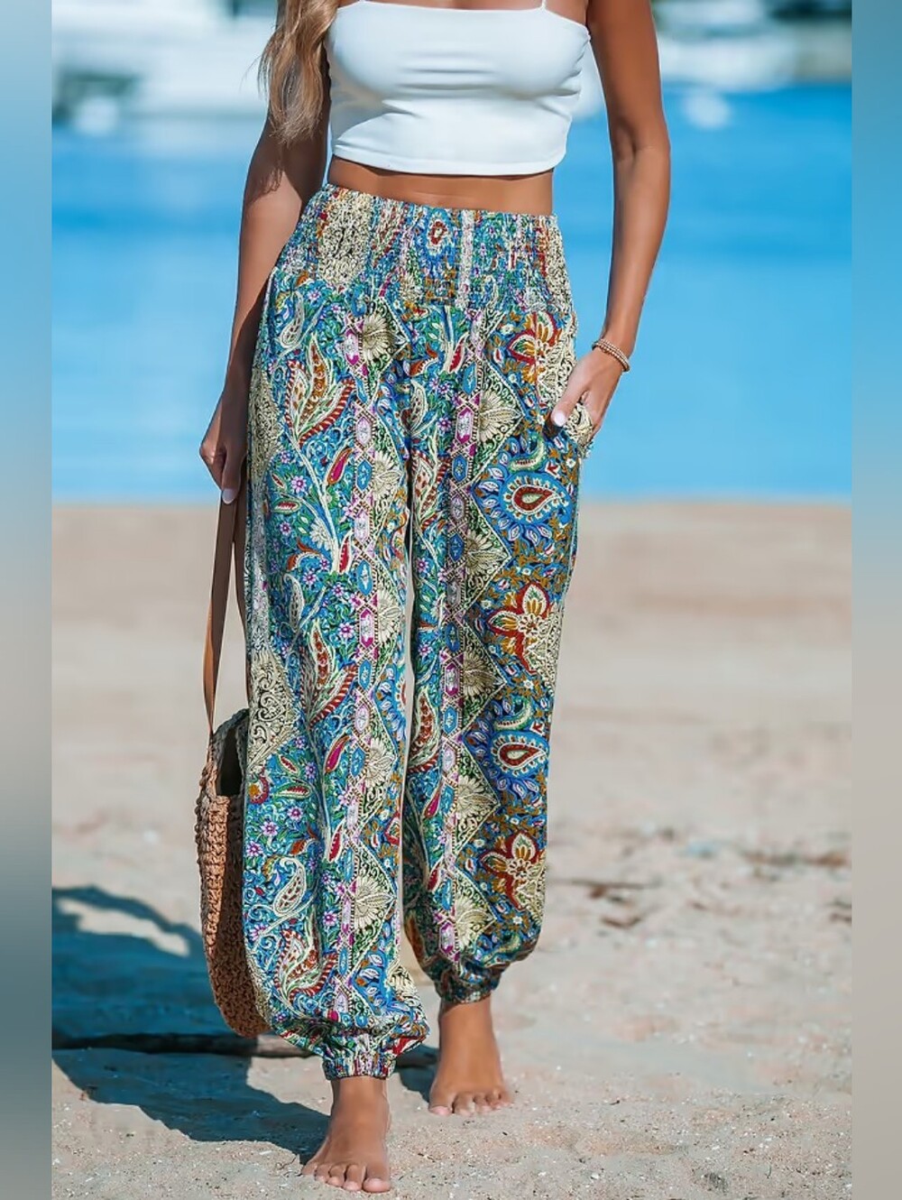 Paisley Smocked Waist Tapered Leg Cover-Up Pants 💥 BRAND NEW 💥 - Picture 3 of 5